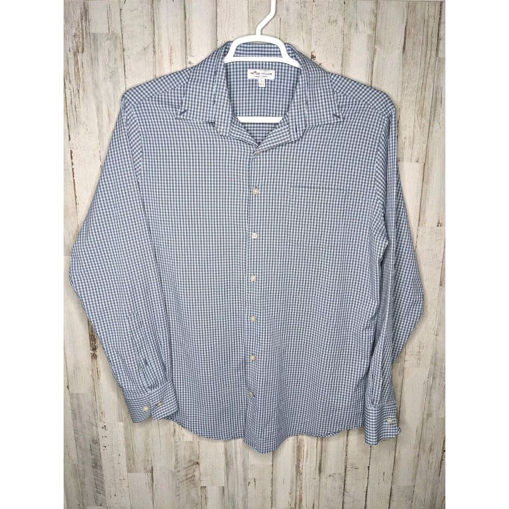 Peter Millar Summer Comfort Shirt Men Large Blue Gingham Check Button Up Nylon